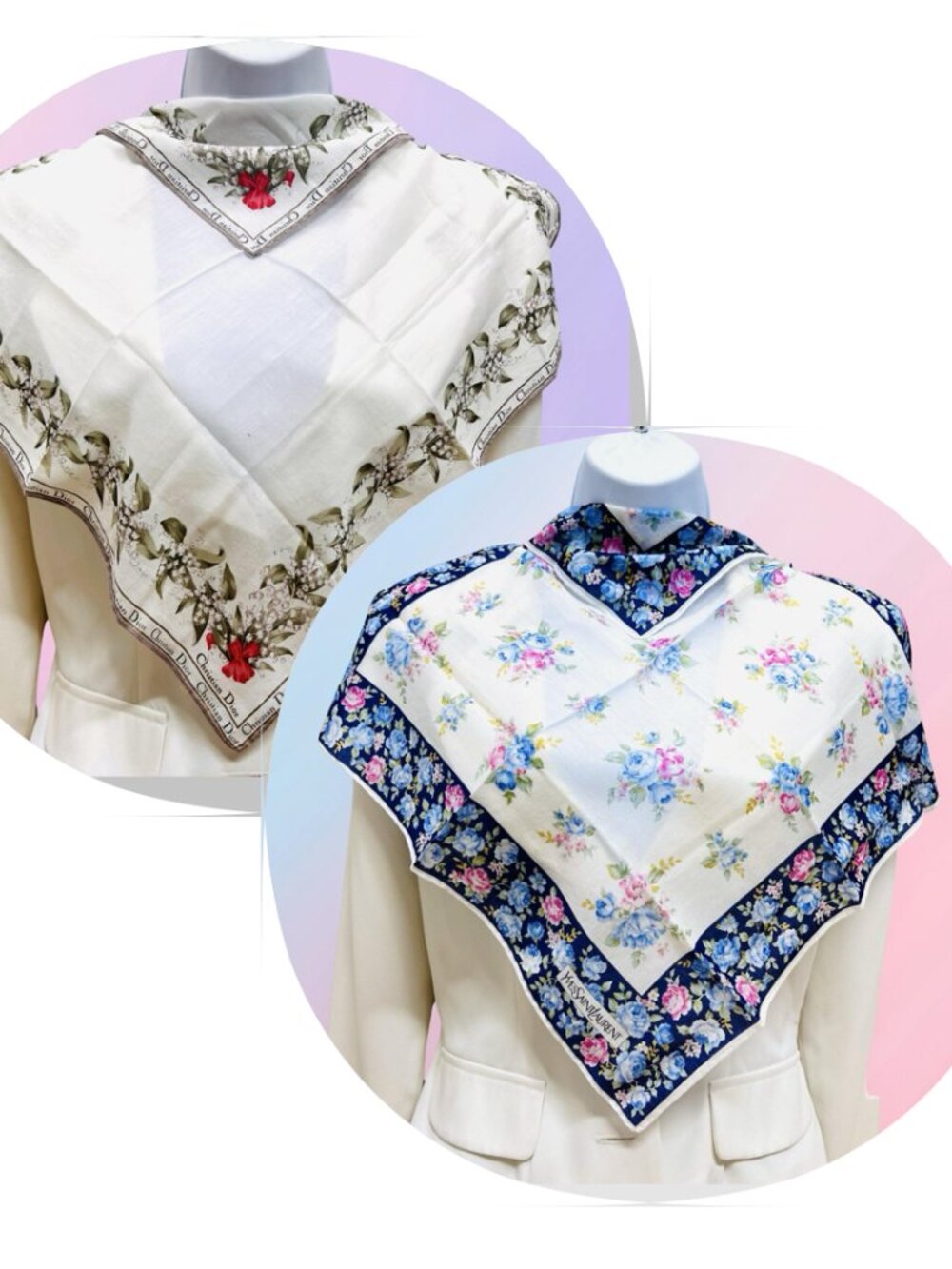 2 Neck-Kerchief YSL & Christian Dior cotton 18.5" white blue red  foral ( - Picture 6 of 14
